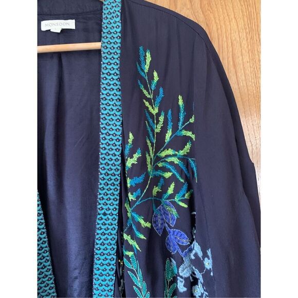 Monsoon Elliah Embroidered Open Kimono Navy Size L - Picture 5 of 12